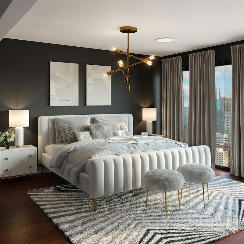 Modernes Schlafzimmer mit Panoramafenster und Skyline-Blick